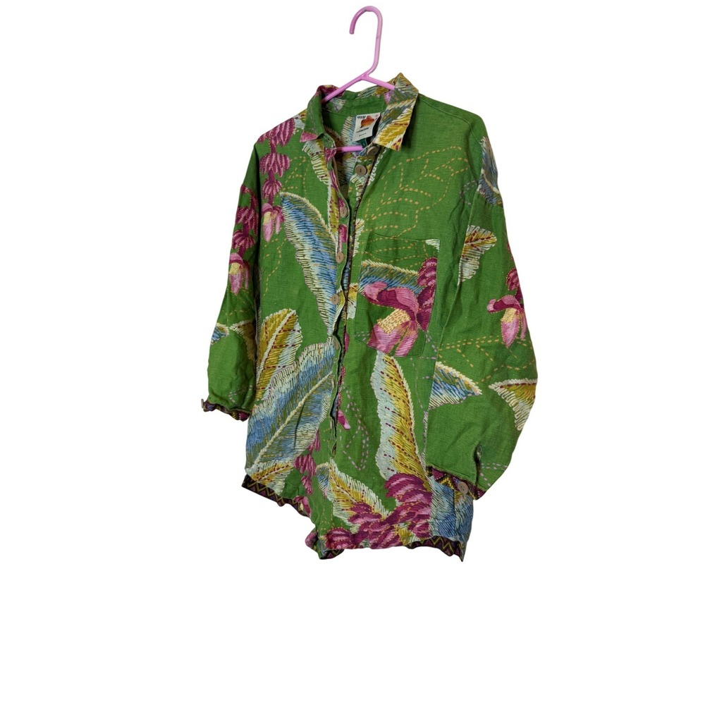 FARM Rio Romper Womens Small Green 100% Linen Button Up Tropical Floral Boho Top
